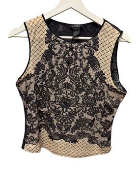 Express Beige Tank Top with Black Lace Overlay